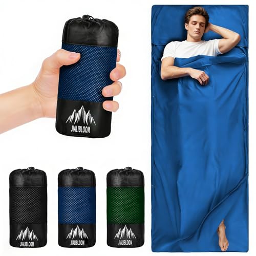 Hüttenschlafsack Baumwolle 2in1 Ultraleichter Reise-Schlafsack Reiseschlafsack mit Zwei Wege Reißverschluss Hüttenschlafsack aus Mikrofaser mit Kissenfach für Erwachsene Camping Wandern Hostels-Blau