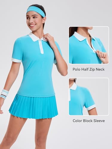 Image of Tennis Skirt Sets for Women Zipper Color Block High Waisted Golf Polo Two Piece Skirt Set Women 2 Piece Outfits