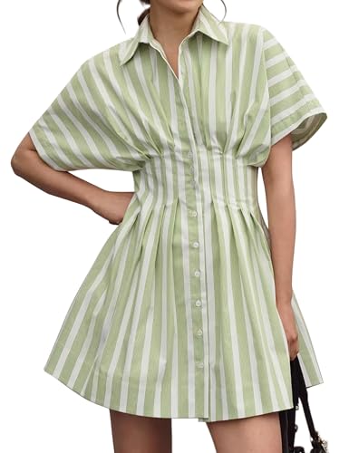 Image of Burtell Summer Button Down Pleated Shirt Dress for Women Striped Print V Neck Short Sleeve Mini Dresses Casual Corset Dresses
