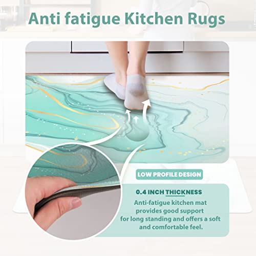 Teal Marble Kitchen Rugs Anti Fatigue Kitchen Floor Mat 2/5 Inch Thick Cushioned Memory Foam Abstract Golden Washable Comfort Standing Mat Kitchen Runner Rug For Sink Laundry, Set Of 2 #TOP1