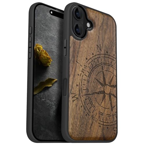 Image of Carveit Wood Case for iPhone 16 Plus, The Incomplete Compass, Walnut | Magnetic iPhone 16 Plus Case Compatible with MagSafe Wireless Chargers, Engraved Wood with Soft TPU Shockproof Bumper