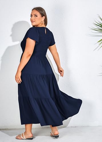 KIMCURVY Women's Plus Size Summer Casual Dress Crew Neck Flutter Short Sleeve Smocked Tiered Maxi Dress with Pockets4