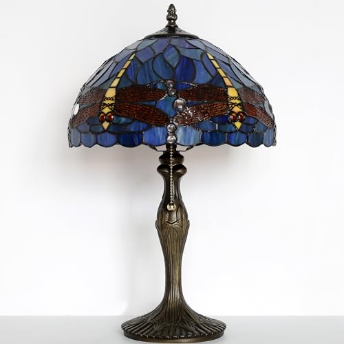 Image of Tiffany Table Lamp Stained Glass Reading Lamp Blue Dragonfly Style