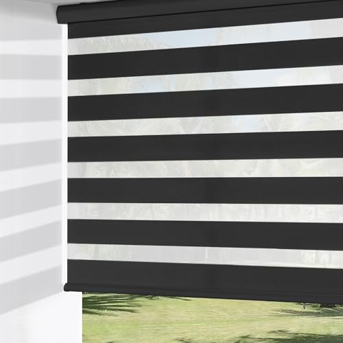 ChrisDowa Cordless Zebra Blinds for Windows Dual Layer Free-Stop Light Filtering Window Roller Shades Pull Down Privacy Zebra Shades for Home Office Bedroom Door (20 W x 72 H Black)