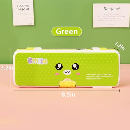 Image of Double Layer Pencil Case, Plastic Pencil Boxes with Pencil Sharpener, Cute Pen Box Organizer for Pencils, Erasers, Paper Clips, School Supplies, Best Birthday Gifts for Kids Teens(Green)