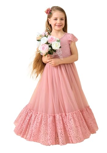 Flower Girl Dress Flutter Sleeve Girls Boho Dress Ruffle Lace & Tulle Dance Dresses for Wedding Holiday Party Maxi
