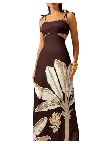 Image of SOLY HUX Women's Summer Maxi Dress Boho Print Tie Shoulder Spaghetti Strap Cut Out Tie Back Cami Dresses Sundress