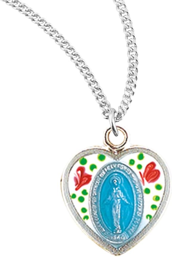 Sterling Silver Enameled Heart Shaped Miraculous Medal, Blessed Mother Mary, 18" Rhodium Plated Stainless Steel Chain Necklace, Made in USA, Deluxe Velvet Gift Box Included