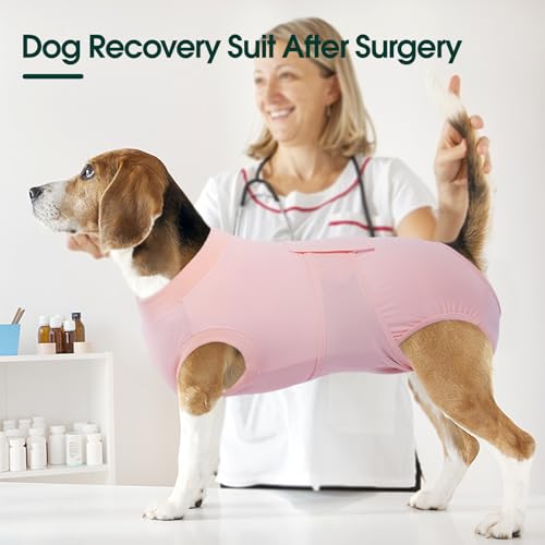 Image of Kuoser Dog Recovery Suit for Dogs After Surgery, Soft Dog Surgical Onesie for Female Male Dogs Spay Neuter, Anti-Licking Pet Bodysuit for Abdominal Wounds, Skin Disease, E-Collar Alternative, Pink 2XL