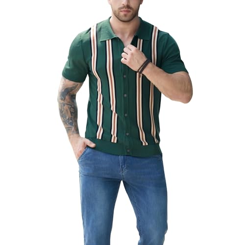 Knit Button Down Shirt Men- Men's Vintage Knit Polo Shirt- 70s Short Sleeve Retro Polo Shirts Vertical Stripes for Casual4