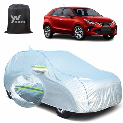 Image of Car Body Cover for Toyota Glanza, 100% Waterproof, Heat-Resistant with Mirror & Antenna Pockets, Soft Cotton Lining, Triple Stitched, Piping & Reflector (Reflective Silver)