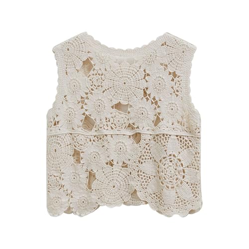 CHICWISH Women Summer Bohemian Crewneck Sleeveless Cutwork Crochet Top Casual Hollow Out Cropped Beach Tank Top Vest Sand3