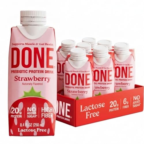 Image of Done Prebiotic Protein Shake, Strawberry, 20g Protein, 8.4oz, 8 Pack | 20g Whey Protein, High Fiber, Prebiotic, Lactose & Gluten Free, No Added Sugar, Ready-to-Drink Shake, 8-Pack