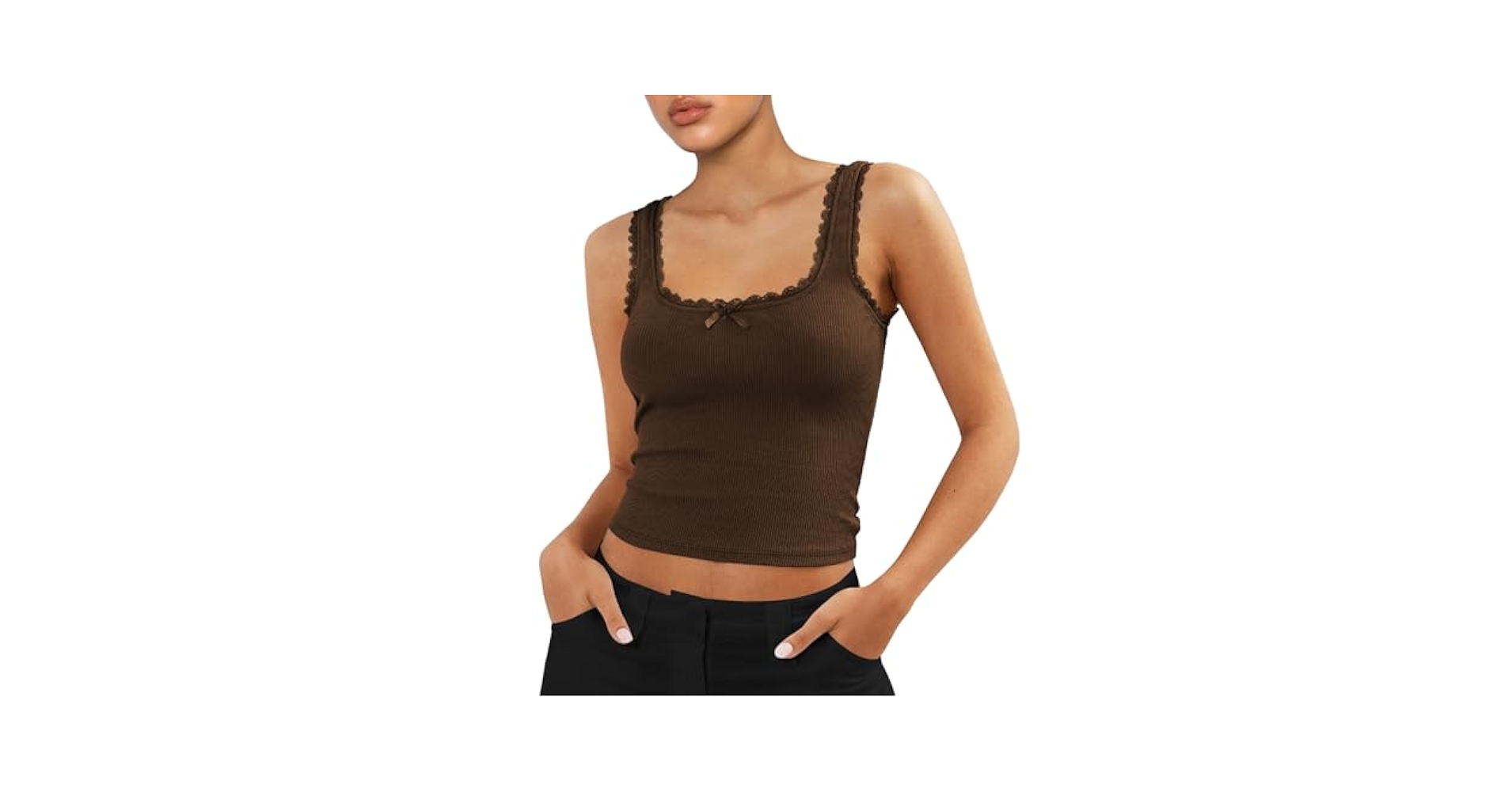 Women's Sleeveless Ribbed Tank Top Knit Square Neck Lace