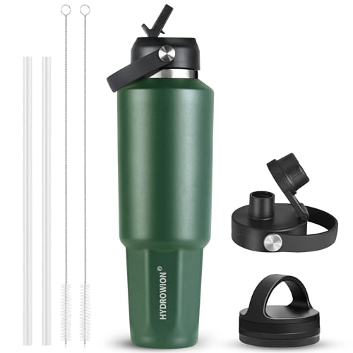 Image of HYDROWION 40 oz Insulated Water Bottle, Car Water Bottle Holder - Double Wall Vacuum Insulated Travel Bottle with Straw Lid, Spout Lid and Flex Cap - Cold for 24H, Hot for 12H, Olive