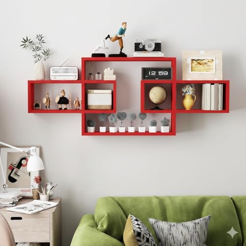 Image of Wooden Wall Shelves for Living Room, Bedroom Wall Mounted Rectangle Bookcase, Intersecting Wall Shelves for Storage Modern Decorative Display Shelves for Wall Decor (Red)