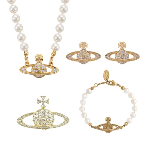 Dreuyet 4PCS Rhinestone Planet Saturn Pearl Choker Necklace Bracelet Earring Brooch Pin Jewelry Set for Women Charm Artificial Pearl Necklace Charm Lady Wedding Accessories Y2k Jewelry (Gold)