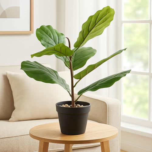 Artificial Fiddle Leaf Fig Tree - 16” Faux Ficus Lyrata Plant in Pot - Indoor Outdoor Decorative Fake Tree for Home, Office, Living Room, Modern Decor