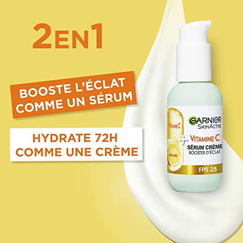 GARNIER Skin Active - Sérum Crème Booster D'Éclat 2-En-1 - Hydratation 72h & Éclat - FPS 25 - Vitamine C & Agrumes - Vegan & Cruelty Free - Peaux Ternes En Manque D'Éclat - 50 ml (Lot de 2)