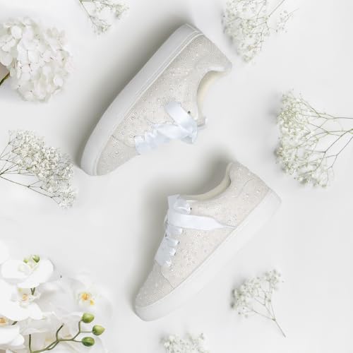 Suokdil Sparkle Rhinestone Sneakers for Women - Bling Fashion Bedazzled Platform Tennis Shoes - White Glitter Sequin Wedding and Party Shoe3