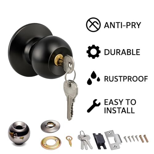 Image of Black Door Knob with Lock & Key, Heavy Duty Interior /Exterior Door knobs, Modern Round Ball Design, Easy to Install, Ideal for Bedroom, Bathroom, Pantry Door