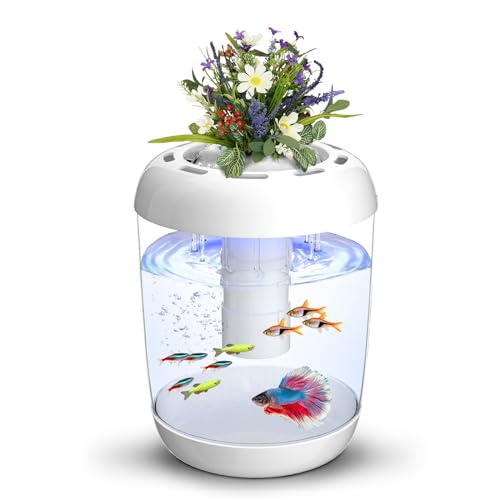 Betta, acquario piccolo a 360°, kit di base con 7 luci a LED e filtro di alimentazione, vaso autopulente e per crescere, mini acquario da tavolo per pesci tropicali Betta, 4,3 l