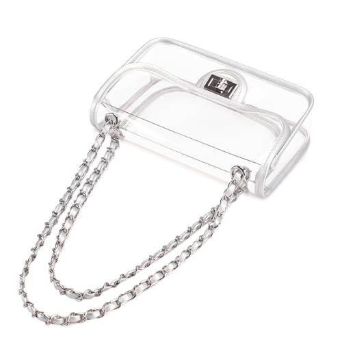 Image of Womens PVC Clear Purse Handbag with Chain Stadium Approved Clear Bag See Through Bag for Working and Concert