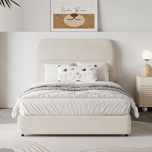 HOMBCK Twin Size Boucle Upholstered Bed Frame with Headboard