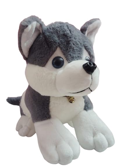 Image of Plush Husky Dog Soft Toy, Grey and White, 18 cm, Super Soft Material with Bell Collar, No Assembly Required, for Ages 3-40 Years