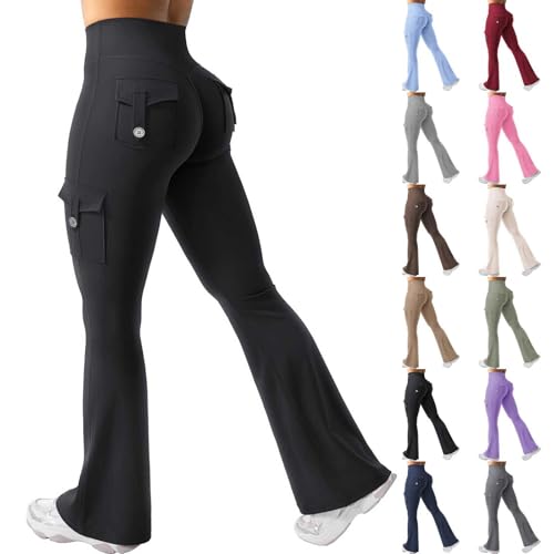 Cargo Pants Women, Leggings for Women Plus Size, CoreFlex Womens Workout Flare Leggings with Pockets Hidden Scrunch High Waisted Cargo Gym Yoga Pant Beige S