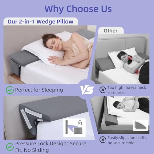 Image of Vekkia Queen Bed Wedge Pillow for Headboard Gap, Mattress Gap Filler Pillow to Cover 0-6 inch Gap, Bed Wedge Gap Filler with High-Density Foam, Removable Washable Cover, Gray, 60 inchx10 inchx8.5 inch