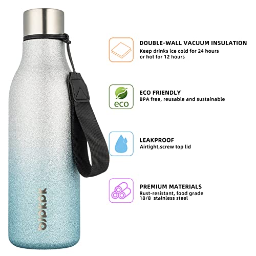 Image of BJPKPK Insulated Water Bottles, 18 oz Stainless Steel Metal Water Bottle with Strap, BPA Free Leak Proof Jugs,Mugs,Flasks, Reusable Thermal Flasks for Sports & Travel, Sparkling Silver Blue