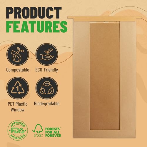 New EASY TSK 100 Pack - Paper Bread Bags for Sourdough - XL 16\"x8.5\"x4\" - Bread Bag with Window - Bread Bags with Ties - Tin Tie Tab Lock - 100 New Stickers - Cookie Bakery Bag - Loaf Bags In Box