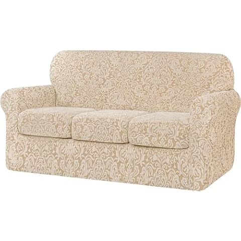 SUBRTEX Sofa Cover 4 Piece Couch Cover Stretch Christmas Sofa Slipcover Jacquard Damask with 3 Separate Seat Cushion Washable Furniture Protector for 3-Seater (Large, Khaki) Cover