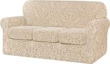 SUBRTEX Sofa Cover 4 Piece Couch Cover Stretch Christmas Sofa Slipcover Jacquard Damask with 3 Separate Seat Cushion Washable Furniture Protector for 3-Seater (Large, Khaki)