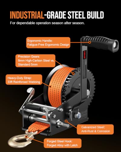 Image of Kolvoii 3500 lb Boat Trailer Winch, 33 ft Strap, 2-Speed 4:1 /8:1, Orange | Polyester Strap; Two-Way Ratchet; 8 mm High-Carbon Steel Gears; Galvanized Finish; Boat Trailer and Marine Loading