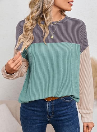Image of Dokotoo Womens Tops Fashion 2026 Color Block Long Sleeve Shirts for Women Crewneck Knitted Casual Loose Blouses