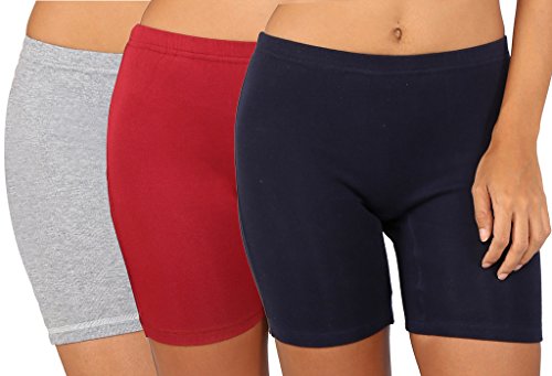 Image of Bralux Cycling Shorts for Women, Girls with Cotton Spandex Set of 3 - Multi Colour Rib Shorts