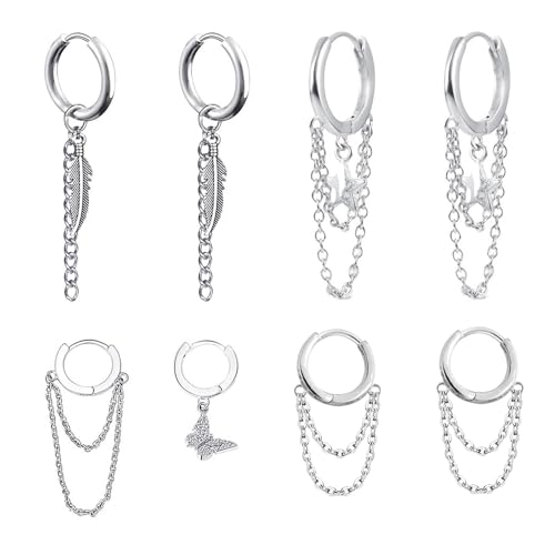 4 pares de pendientes de aro para mujer, pendientes de gota de borla, pendientes de aro con forma de estrella y mariposa, pendientes de plata para mujeres y niñas, Acero inoxidable