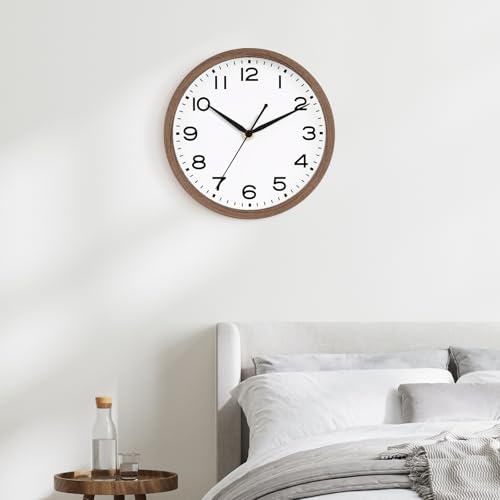 Image of AKCISOT Wall Clock, Modern Small Wall Clocks Battery Operated 10 Inch, Silent Non-Ticking Analog Classic for Office, Home, Bathroom, Kitchen, Bedroom, School(Walnut Grain)