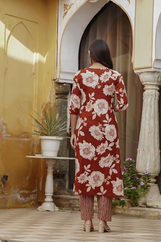 Image of NIVANA Floral Printed Kurta with Pant & Stripe Printed Dupatta | 3 /4 Sleeves | Round Notch Neck Button Detail