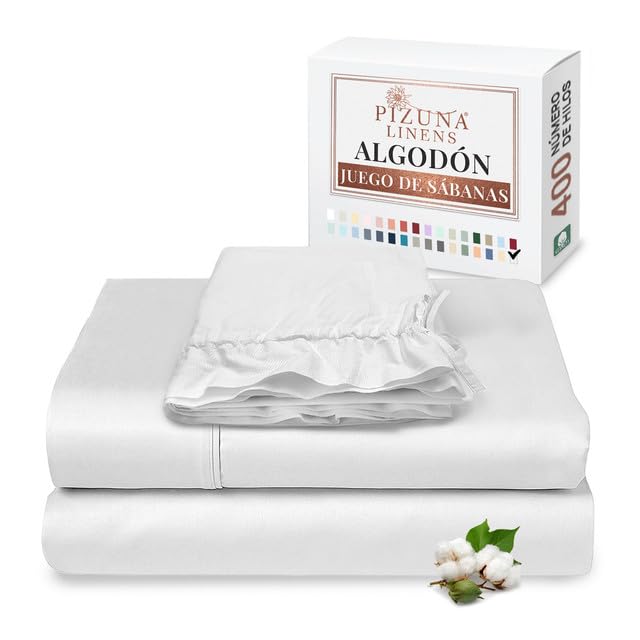 Pizuna Juego de sabanas 90x200 Algodon Blanco, Lujoso satén 100% algodón de Fibra Larga de 400 Hilos Juego de sabanas 90 cm con 1 Sabana encimera, 1 Sabana Bajera, 1 Funda Almohada cilindrica