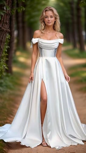 Women's Satin Prom Dresses with Slit Strapless A Line Corset Ball Gowns Off Shoulder Formal Evening Gowns with Pockets4