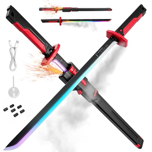 Lightsaber 8 Color Flowing Spark Sword 31.5 inch Cyberpunk Neon Sword with Hit Sensor Sound & Fog Toy Light Saber for 14+ (Cool White/Red)