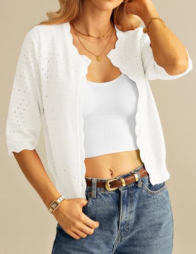 GRACE KARIN Women's 3/4 Short Sleeve Cropped Cardigan Lightweight Button up Crochet Knit Sweater Shrug for Summer Spring3
