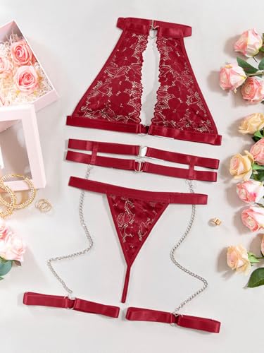 Image of Foxiny Sexy Halter Heart Ring Cutout Chain Floral Lace Sheer Garter Belt Lingerie Set 3 Piece