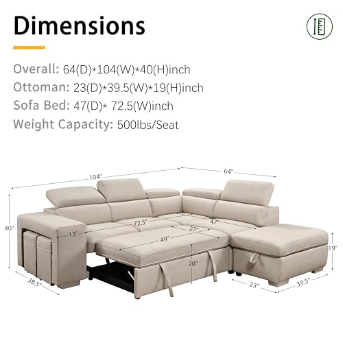 THSUPER 104'' Microfiber L Shaped Sectional Sleeper Sofa Couch with Pull Out Bed and Storage Ottoman, Convertible Couches with Adjustable Headrest for Living Room, Right Facing Chaise. Beige