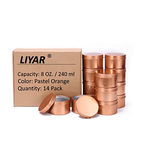 LIYAR Aluminium-Metalldose, 227 ml, 14 Stück, Metallbehälter, runde Kerzengläser, leere Dosen mit Schraubdeckel für Kerzen, Kunst und Handwerk, Aufbewahrung und mehr (Pastellorange) Cover