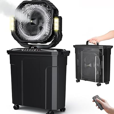 Ausic 5 Gal 12" Portable Misting Fan for Outside Patios, 30000mAh Outdoor Rechargeable Battery Oscillating Fan with Remote, Cooling Dugout Water Fan with Caster/LED Light/Timer, Camping Essential