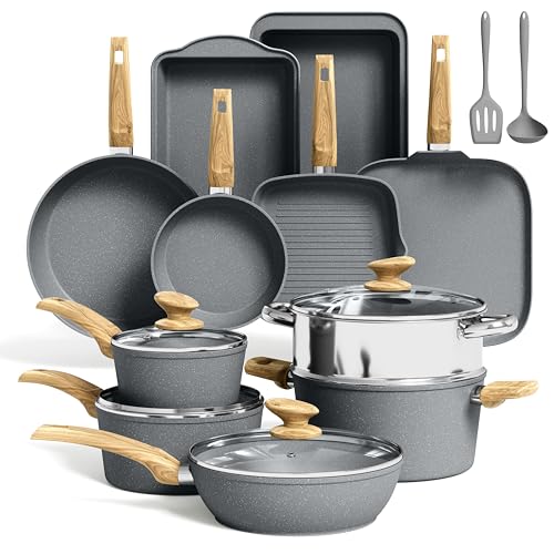 Comparison: Best Equip Marble Non Stick Cookware 10 Kitchen Academy Granite Nonstick Cookware Set - 17 Piece Gray Cooking Pans Set, Induction Pots and Pans Set Non Stick, PFOA & PFOS Free.